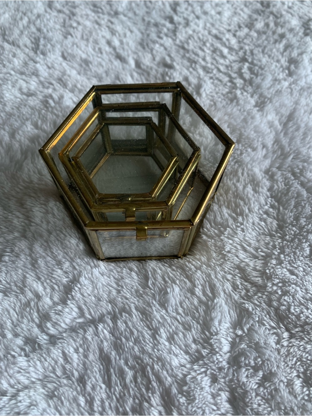 Vintage Nesting Hexagonal Glass & Brass Jewelry Boxes Set of 3 Trinket Keepsake